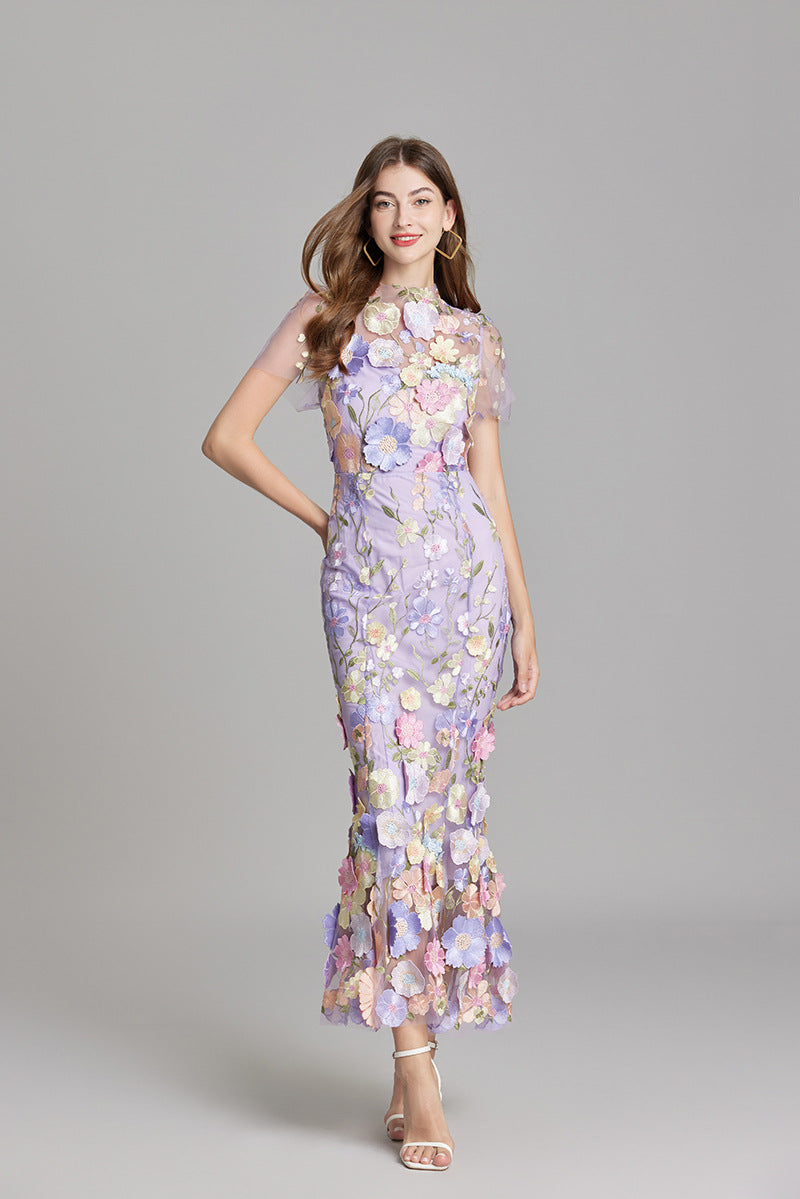 Abito Maxi Donna Trasparente con Ricamo Floreale