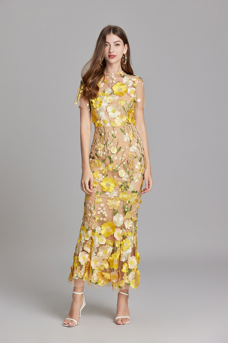 Abito Maxi Donna con Applicazioni Floreali