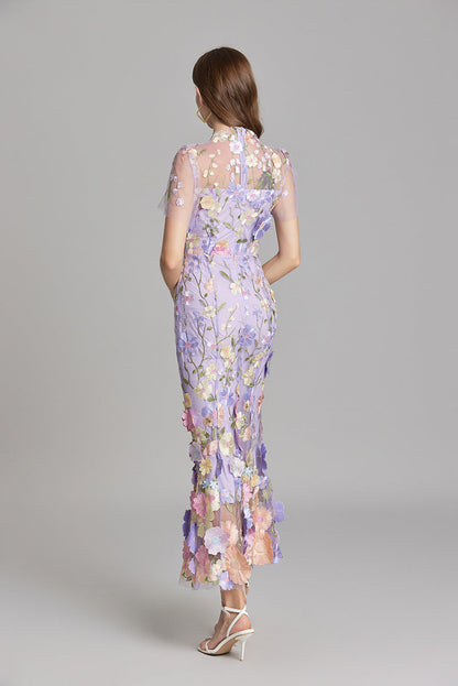 Abito Maxi Donna Trasparente con Ricamo Floreale