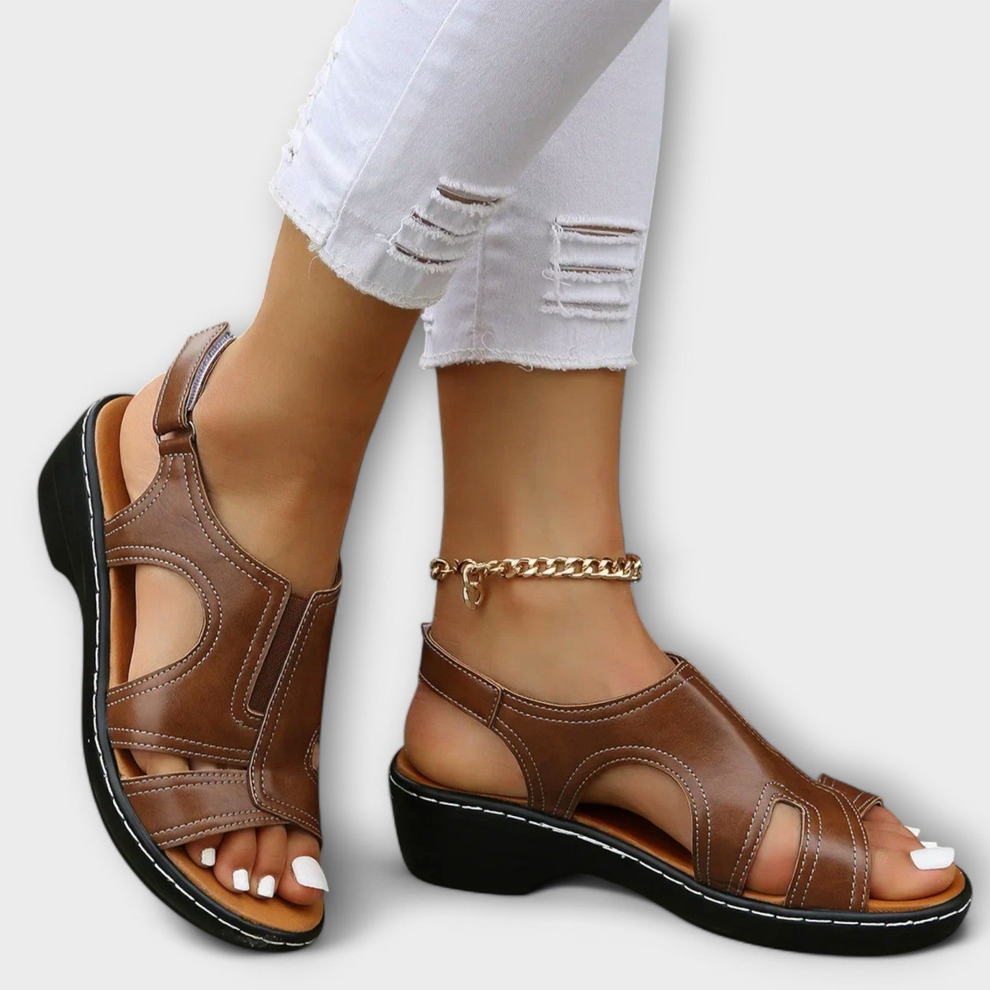 Sandali Donna in Pelle Ortopedici con Tacco Comodo
