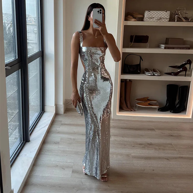Abito Maxi Donna con Spalline Sottili e Tessuto Brillante - Brentozzi