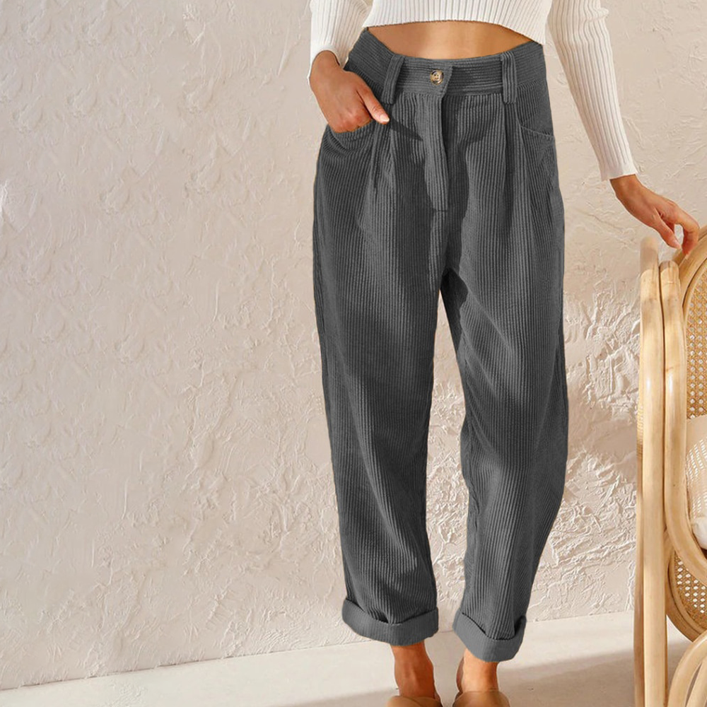 Pantaloni Donna in Velluto a Coste Vita Alta Orlo Risvoltato