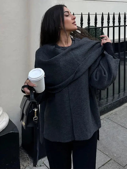 Cappotto Donna in Maglia con Sciarpa Stile Autunnale Elegante