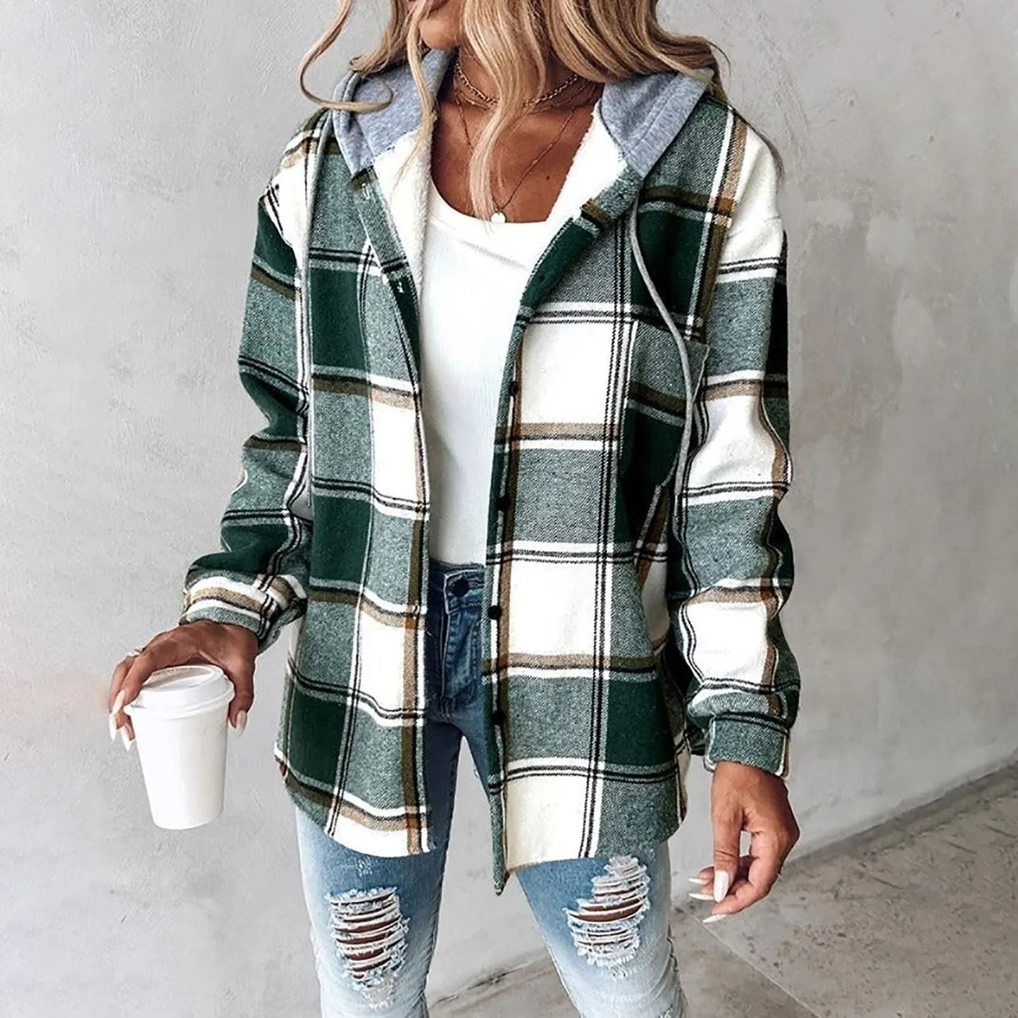 Camicia Donna a Quadri con Cappuccio Chiusura a Bottoni Comfort Fit