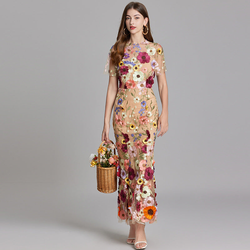 Abito Maxi Donna con Applicazioni Floreali