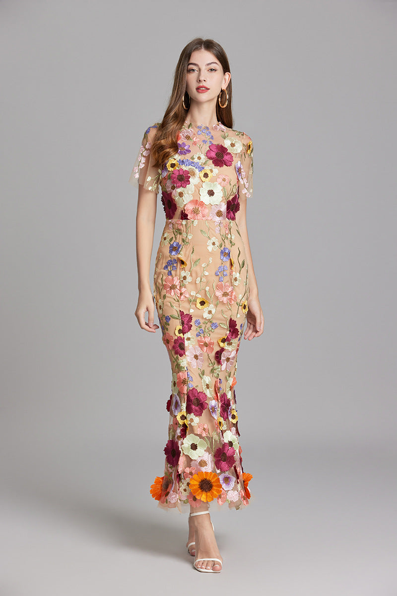 Abito Maxi Donna Trasparente con Ricamo Floreale