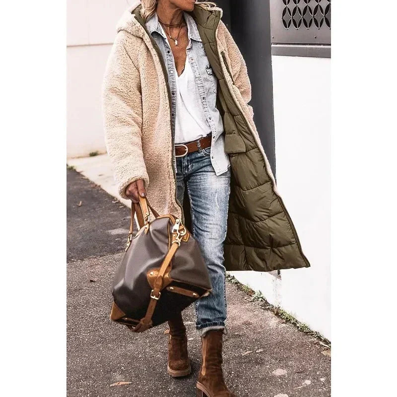Cappotto Lungo Donna Invernale con Cappuccio Imbottito Maxipetto