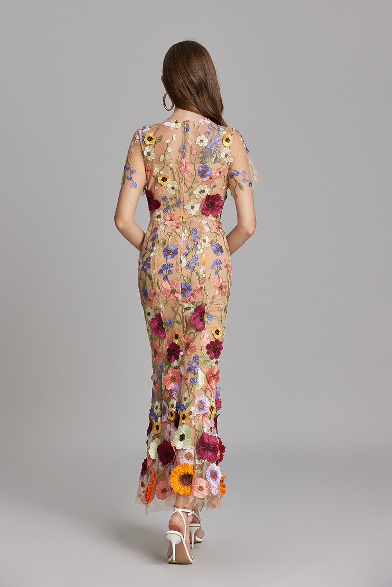 Abito Maxi Donna con Applicazioni Floreali