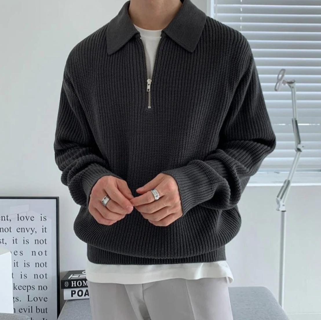 Maglione Uomo con Mezza Zip Design Classico Vestibilità Comoda