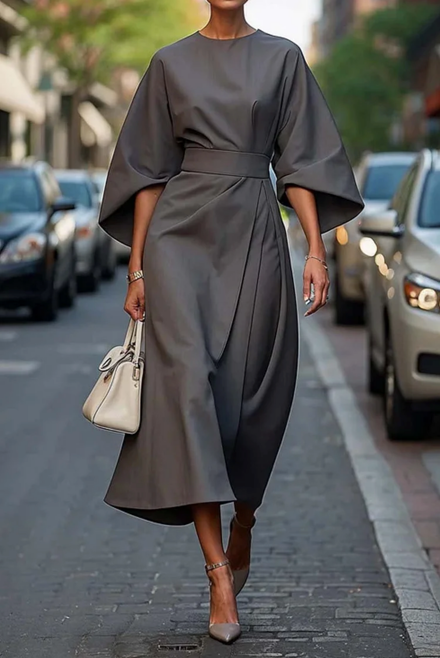 Abito Midi Donna con Cintura in Vita