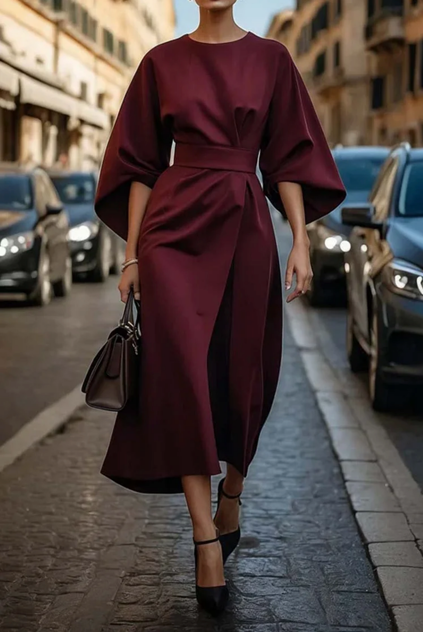 Abito Midi Donna con Cintura in Vita