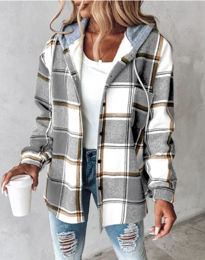 Giacca Donna a Quadri con Cappuccio Overshirt Comoda Autunno Inverno