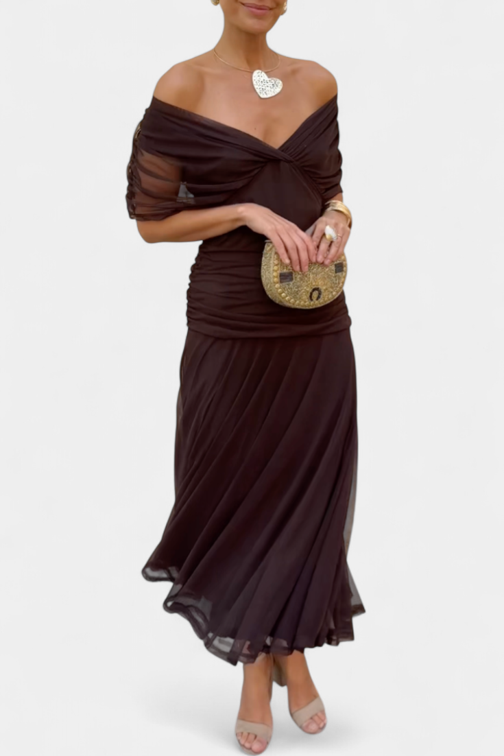 Abito Maxi Donna Spalle Scoperte Tessuto Arricciato