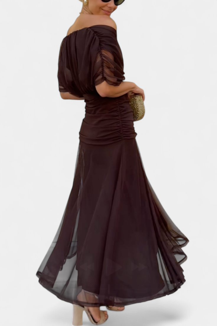 Abito Maxi Donna Spalle Scoperte Tessuto Arricciato