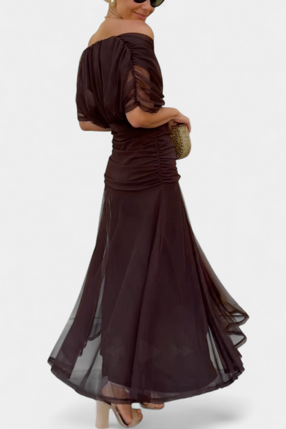 Abito Maxi Donna Spalle Scoperte Tessuto Arricciato