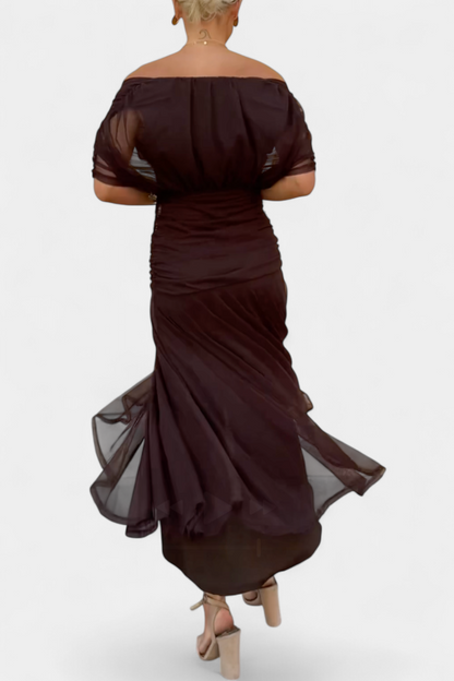 Abito Maxi Donna Spalle Scoperte Tessuto Arricciato