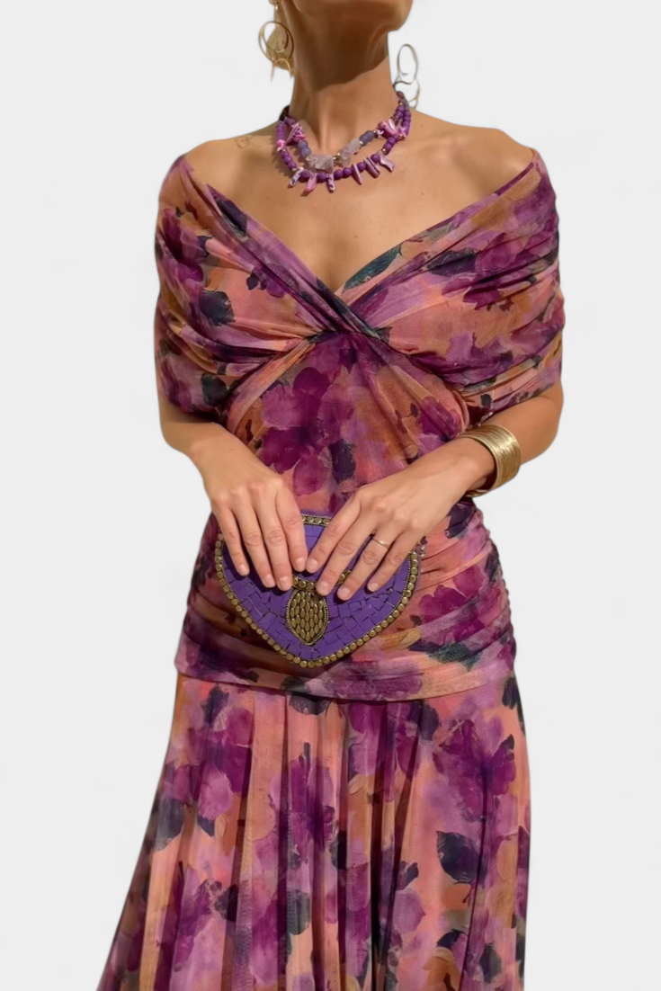 Abito Maxi Donna Spalle Scoperte Tessuto Arricciato