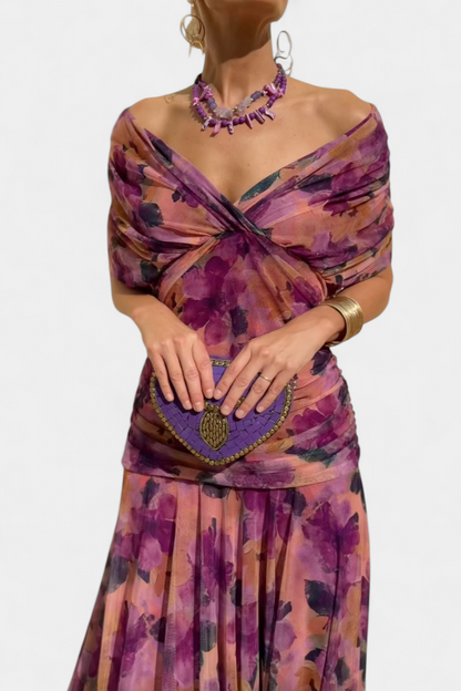 Abito Maxi Donna Spalle Scoperte Tessuto Arricciato