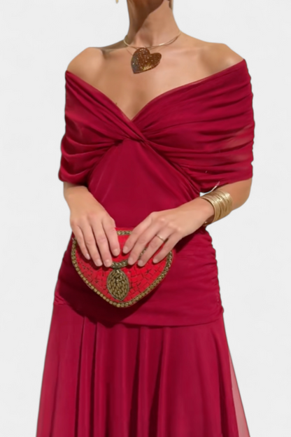 Abito Maxi Donna Spalle Scoperte Tessuto Arricciato