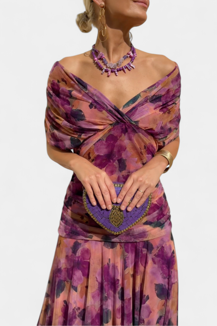 Abito Maxi Donna Spalle Scoperte Tessuto Arricciato
