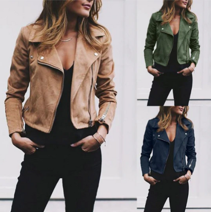 Giacca Biker Donna Casual con Zip e Maniche Lunghe