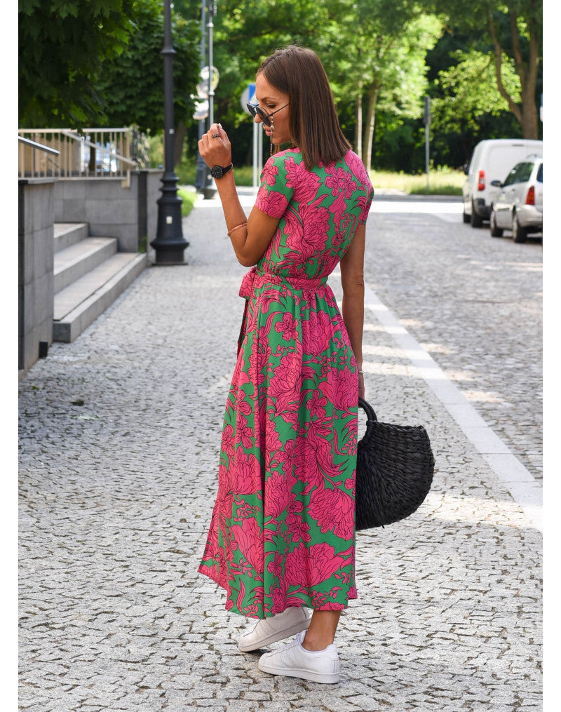 Abito Midi Donna Scollo a V Manica Corta a Portafoglio
