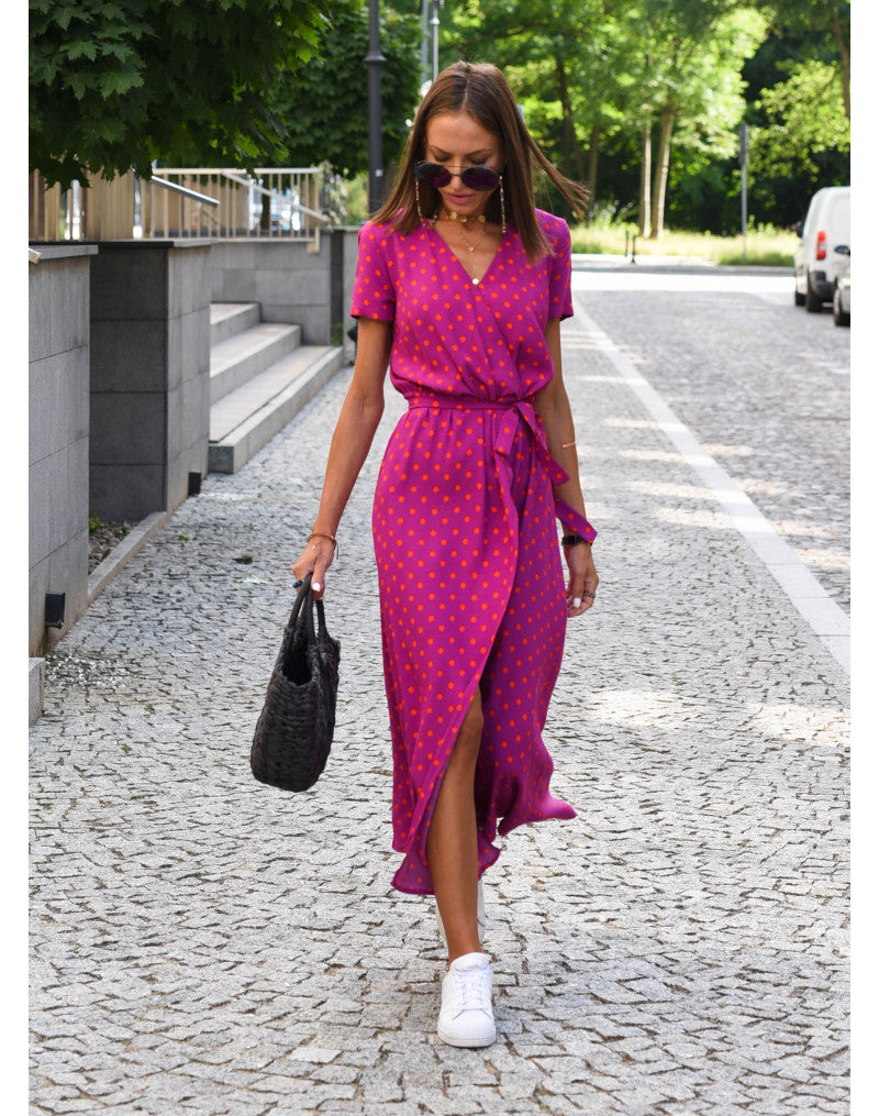 Abito Midi Donna Scollo a V Manica Corta a Portafoglio