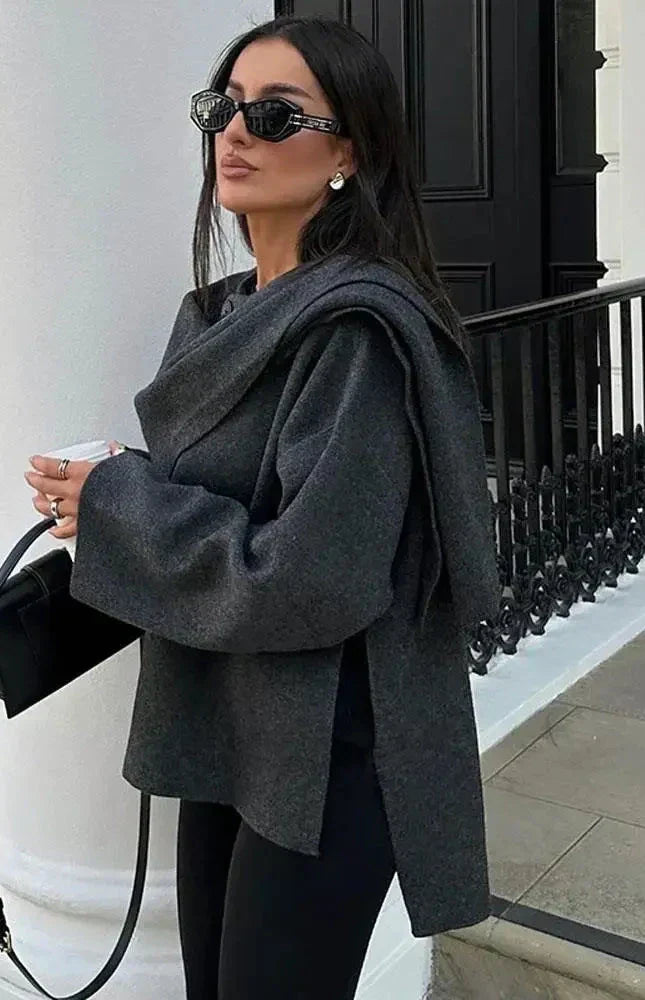 Cappotto Donna in Maglia con Sciarpa Stile Autunnale Elegante