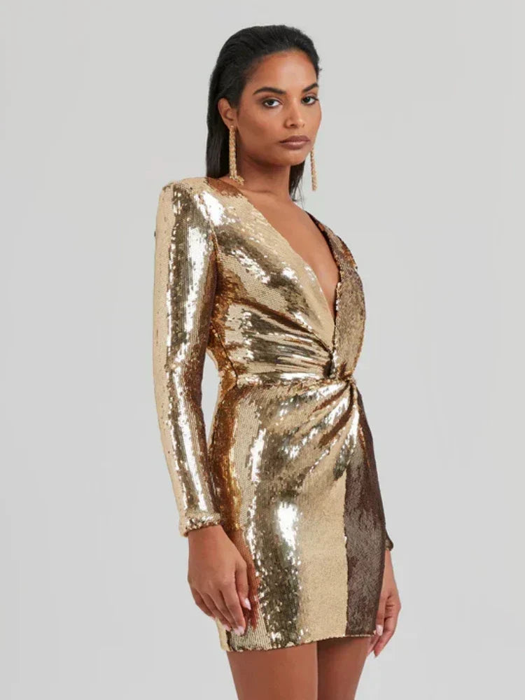 Abito Mini Donna in Paillettes Plissé Manica Lunga