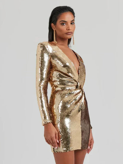 Abito Mini Donna in Paillettes Plissé Manica Lunga