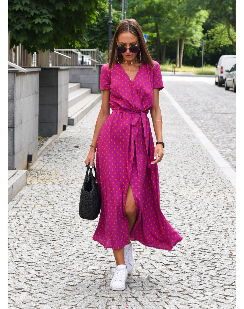 Abito Midi Donna Scollo a V Manica Corta a Portafoglio