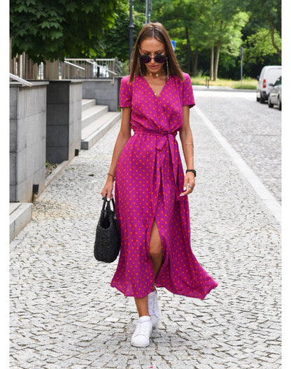 Abito Midi Donna Scollo a V Manica Corta a Portafoglio