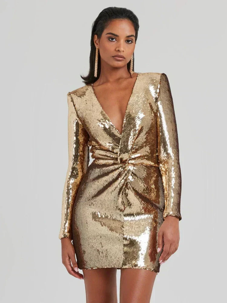 Abito Mini Donna in Paillettes e Plissé Manica Lunga - Brentozzi