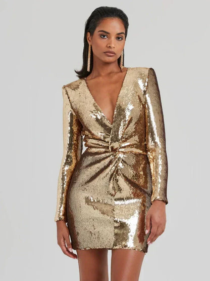 Abito Mini Donna in Paillettes Plissé Manica Lunga - Brentozzi