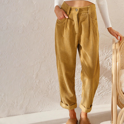 Pantaloni Donna in Velluto a Coste Vita Alta Orlo Risvoltato