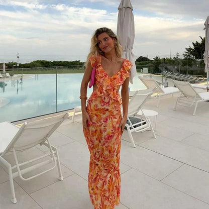 Abito Maxi Donna con Ruches e Motivo Floreale Stile Estivo Femminile - Brentozzi