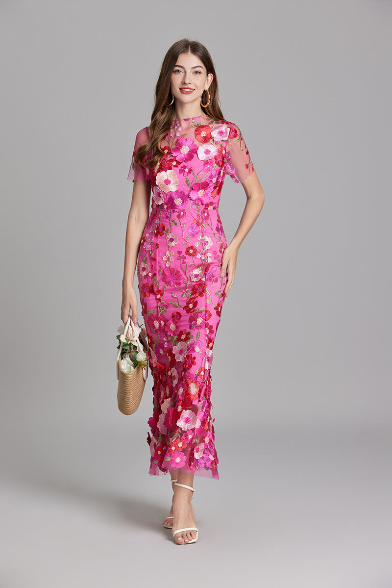 Abito Maxi Donna con Applicazioni Floreali