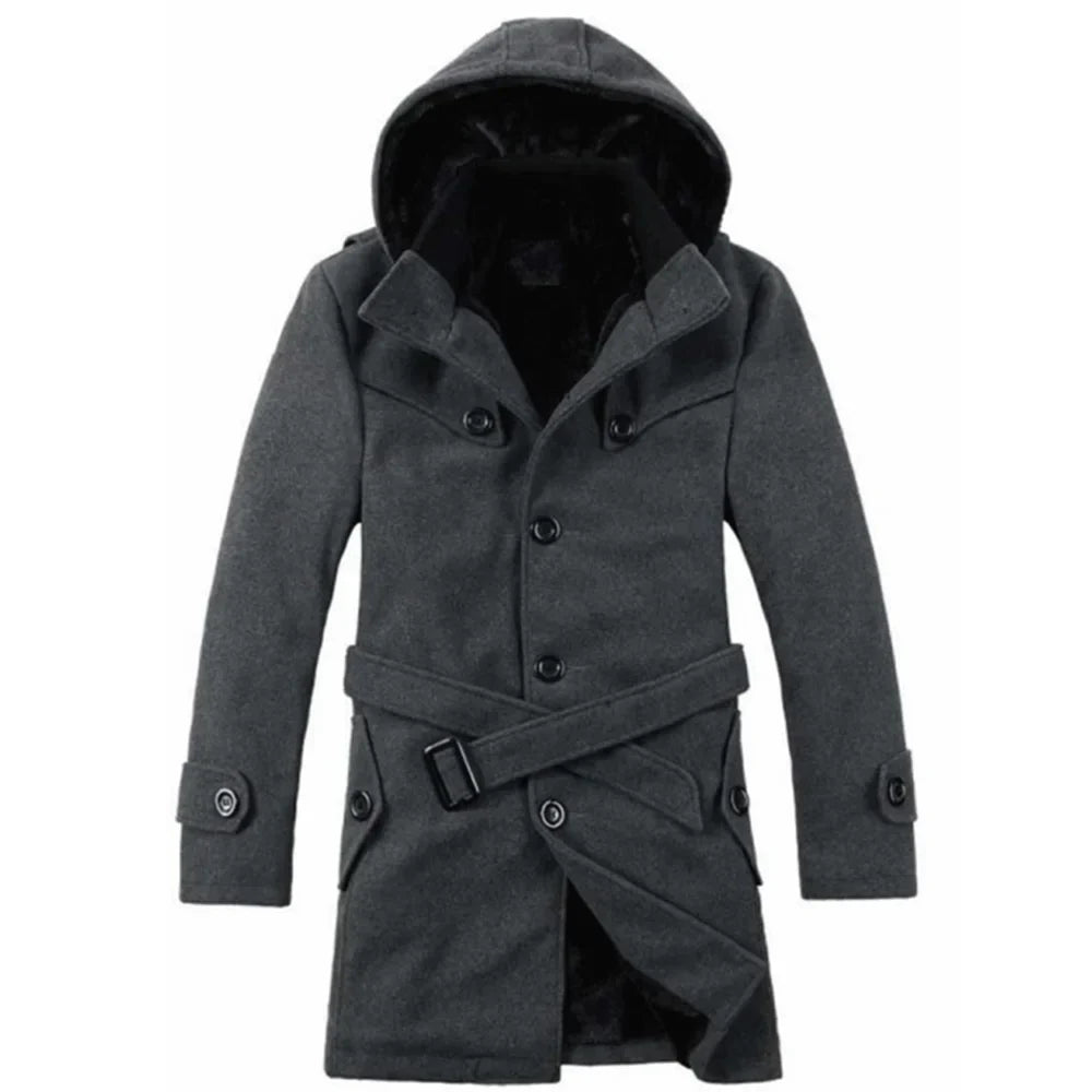 Trenchcoat Uomo in Misto Lana Fodera Ecopelliccia Cappuccio