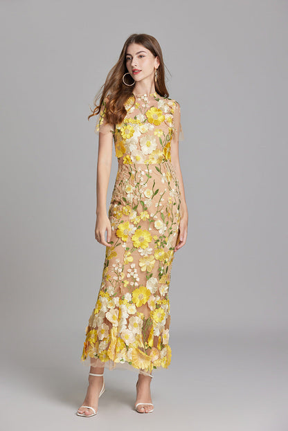 Abito Maxi Donna con Applicazioni Floreali