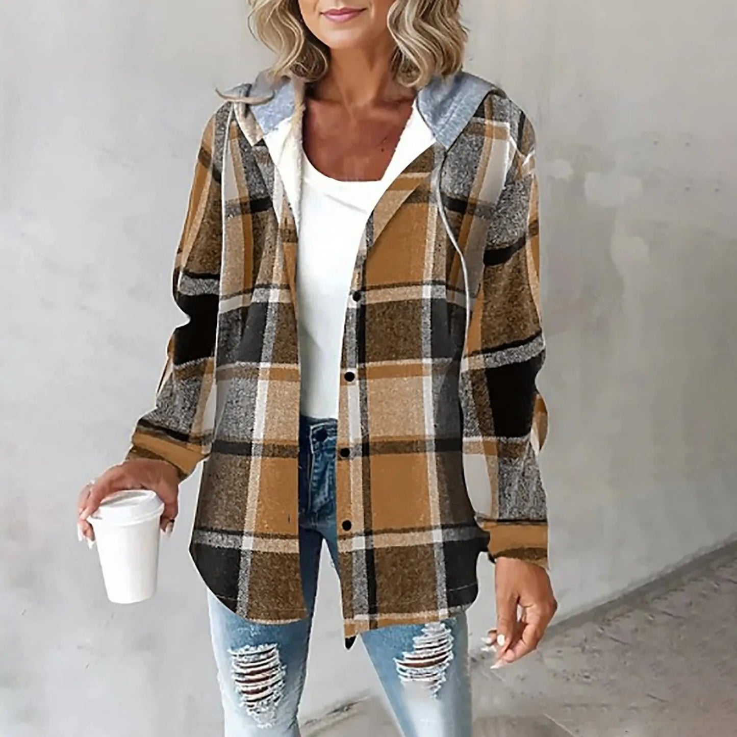 Camicia Donna a Quadri con Cappuccio Chiusura a Bottoni Comfort Fit