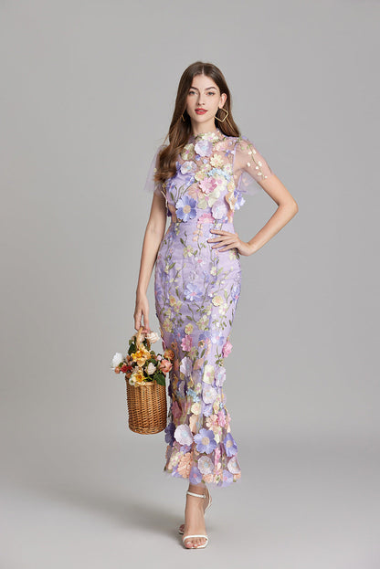 Abito Maxi Donna Trasparente con Ricamo Floreale