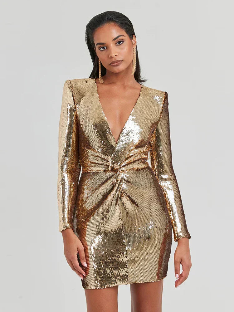 Abito Mini Donna in Paillettes Plissé Manica Lunga
