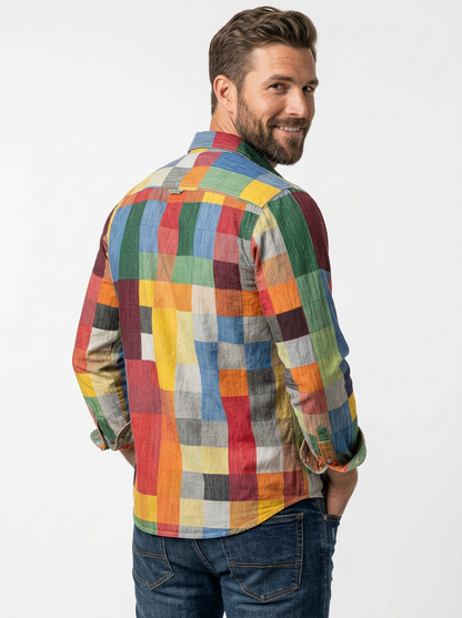 Shiveco | Camicia Uomo Relaxed Fit Colourblock Patchwork Manica Lunga 2