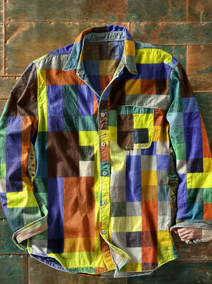 Shiveco | Camicia Uomo Relaxed Fit Colourblock Patchwork Manica Lunga 5