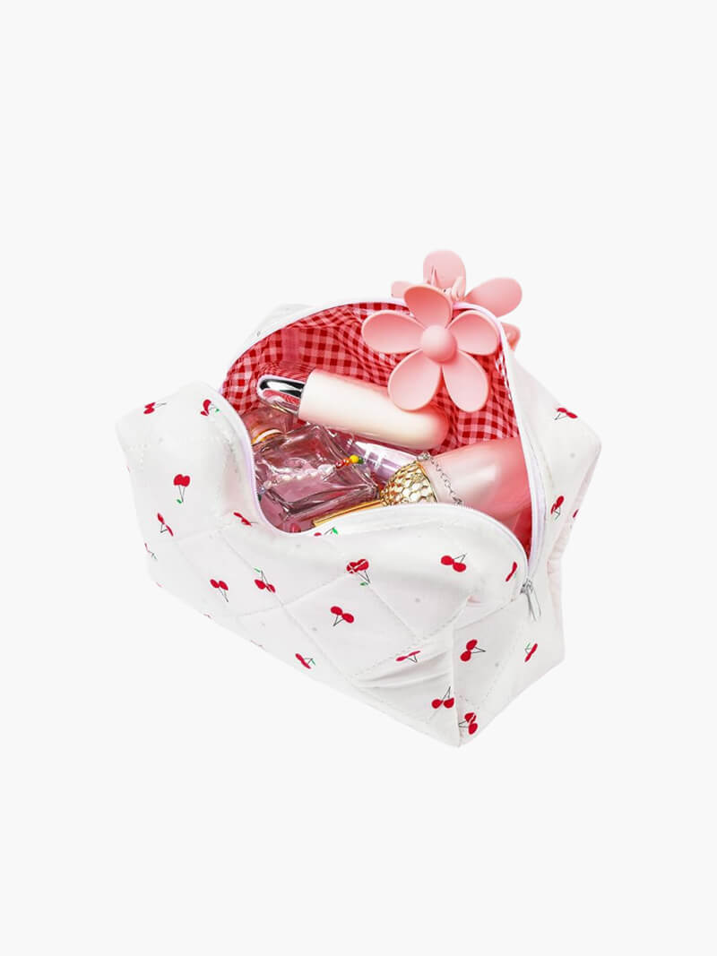 Beauty Case Donna Tessuto con Motivo a Ciliegie Compatto