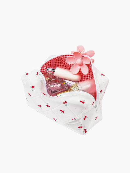 Beauty Case Donna Tessuto con Motivo a Ciliegie Compatto
