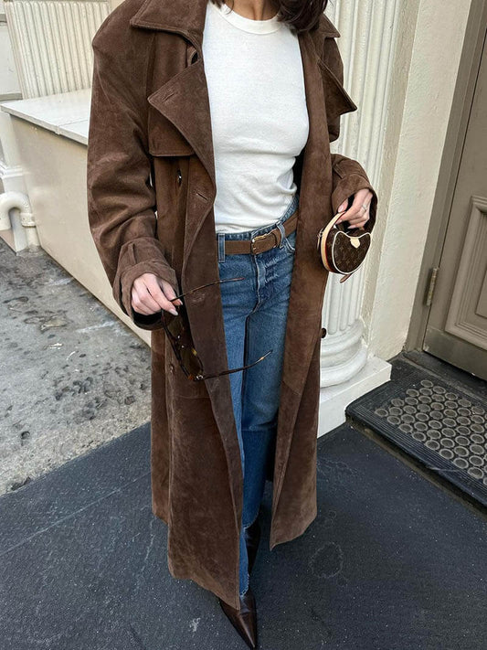 Trench Coat Donna in Suede Classico Lungo con Cintura - Brentozzi