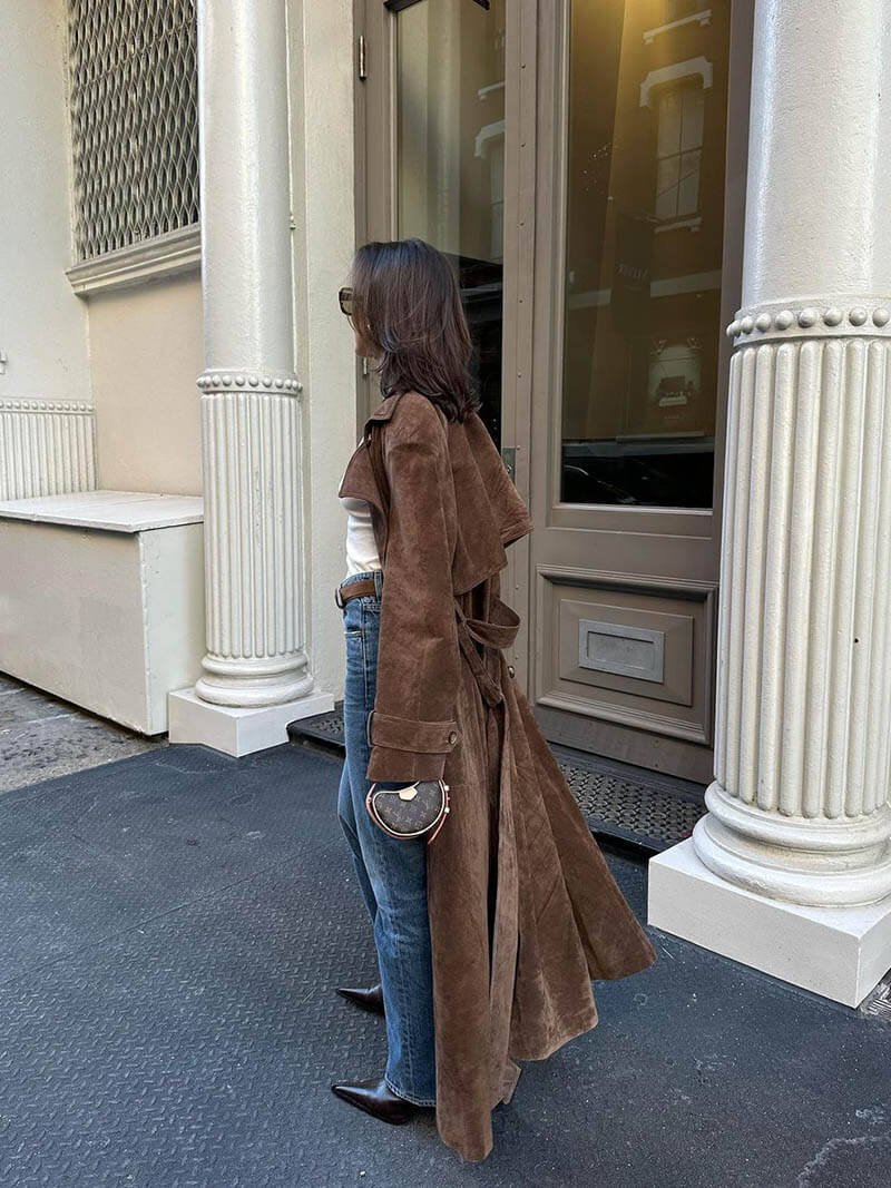 Trench Coat Donna in Suede Classico Lungo con Cintura