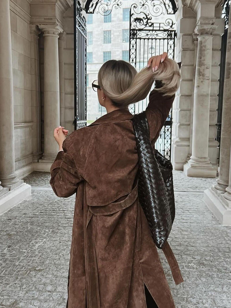 Trench Coat Donna in Suede Classico Lungo con Cintura