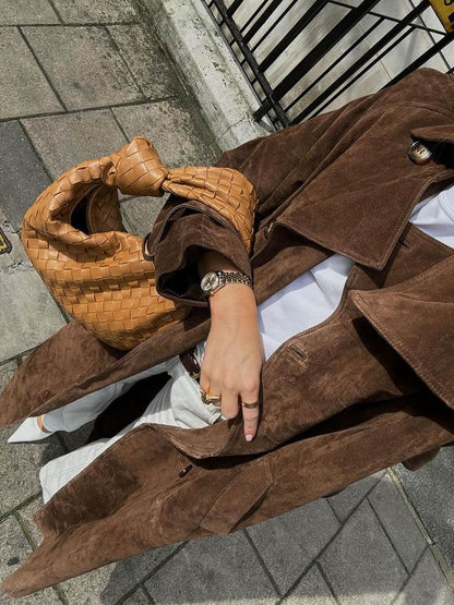 Trench Coat Donna in Suede Classico Lungo con Cintura